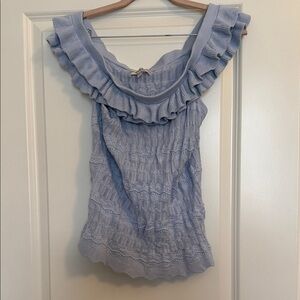 Off shoulder Ruffled Knit Scoop Neck Sleeveless Top - Light blue